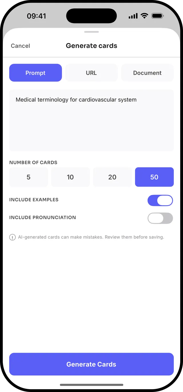 Generating flashcards with AI from a prompt, URL, or document