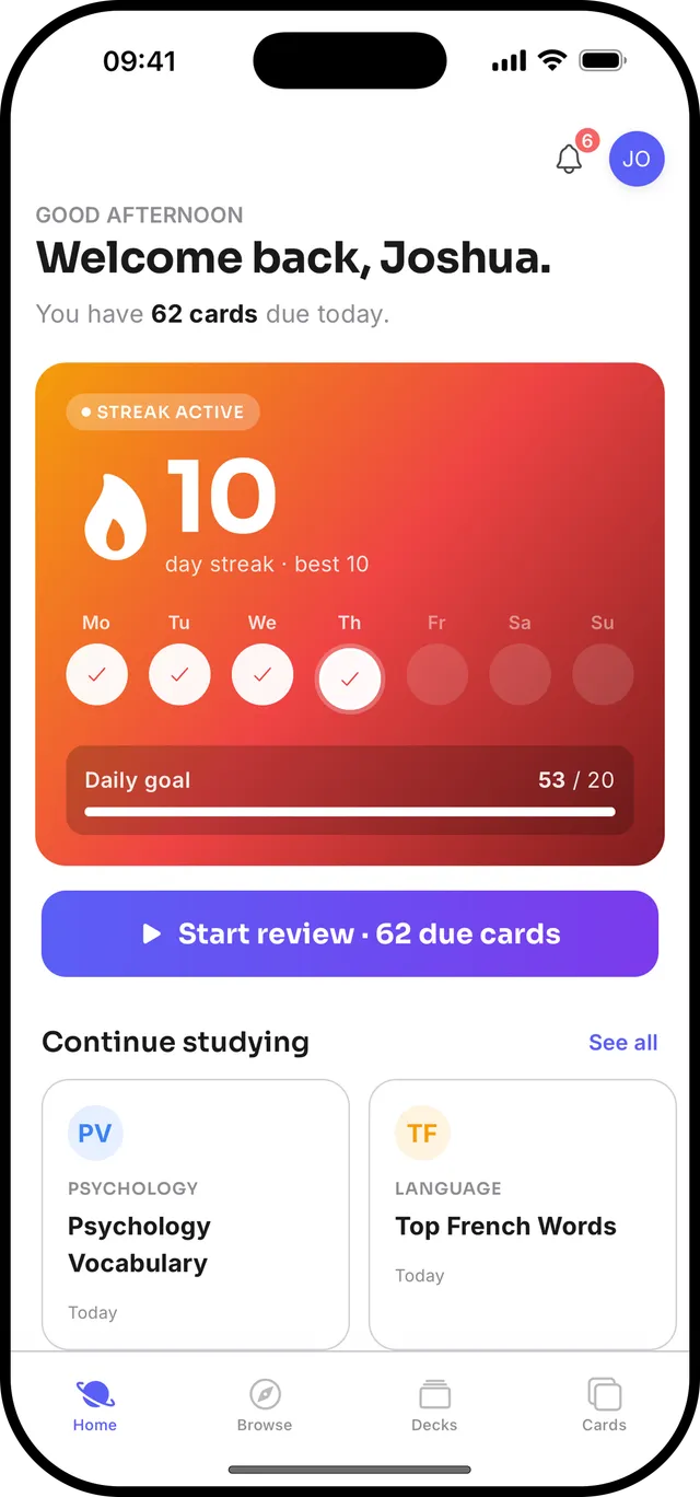 Repetra home dashboard with streak and daily goal